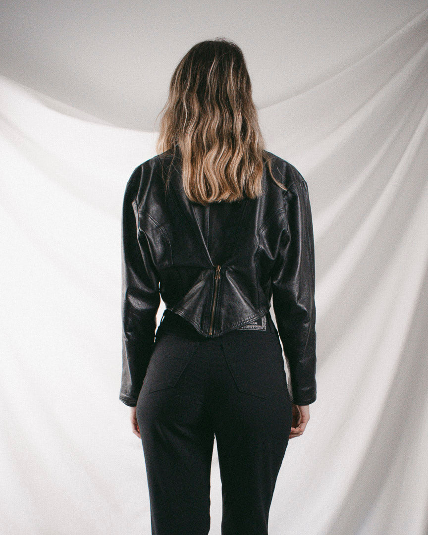 Cropped Black Leather Moto Jacket