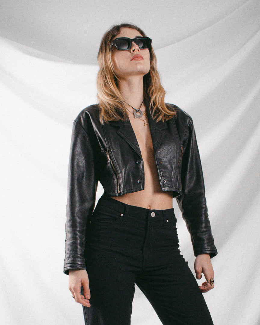 Cropped Black Leather Moto Jacket