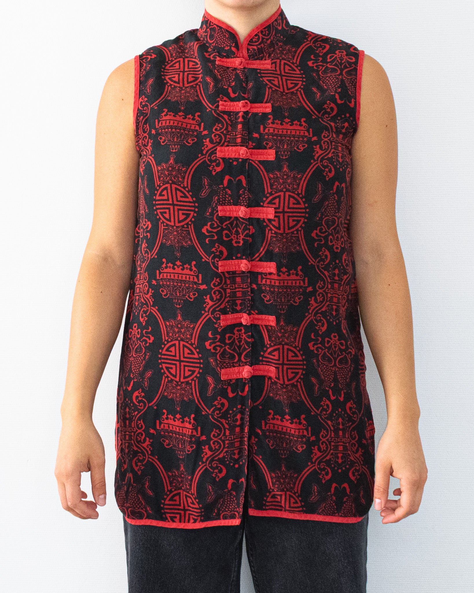 Vintage Silk Top with Dragon and Pagoda Print