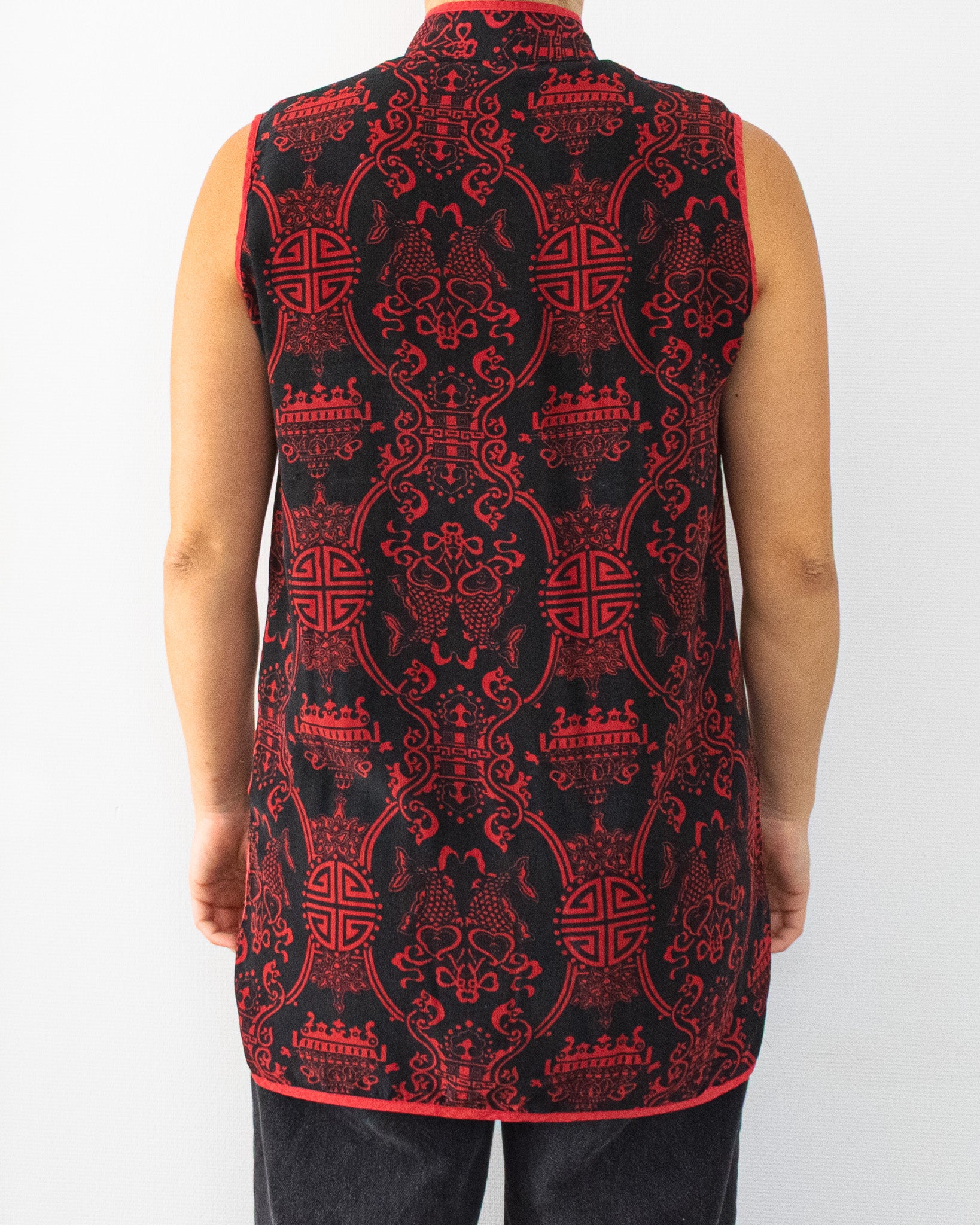 Vintage Silk Top with Dragon and Pagoda Print