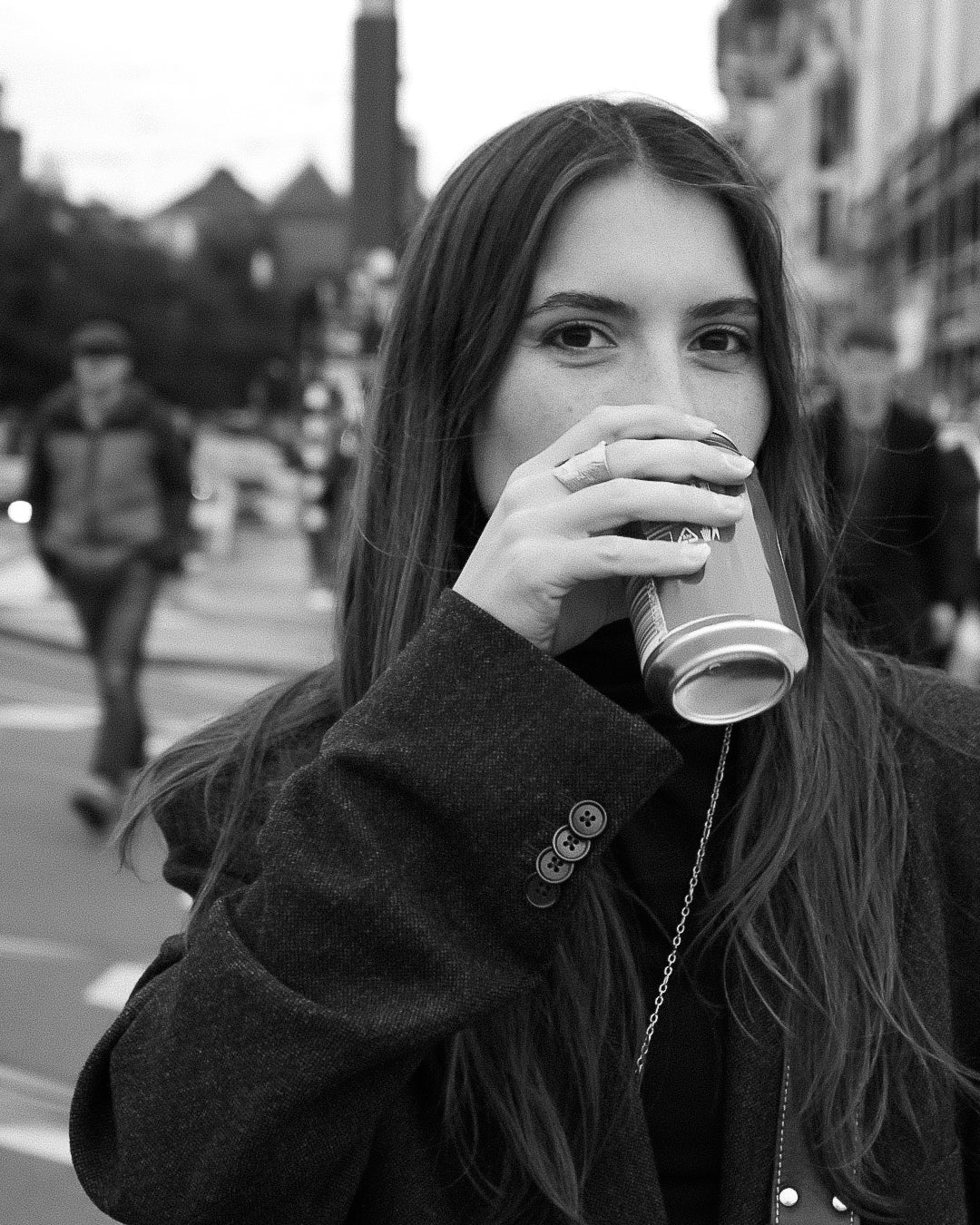 Fashion designer, vintage curator Sofia Moiraghi Casanova in a black and white editorial shot in Amsterdam, The Netherlands.